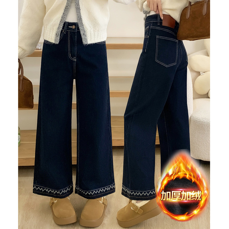 深蓝色加绒直筒牛仔裤阔腿裤子