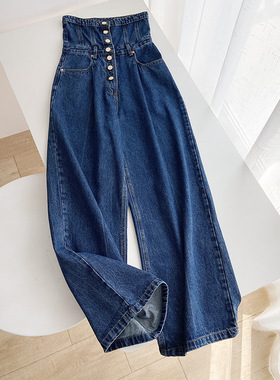 2025春季翻边束腰钮扣阔腿裤休闲复古高腰显瘦长裤牛仔裤女