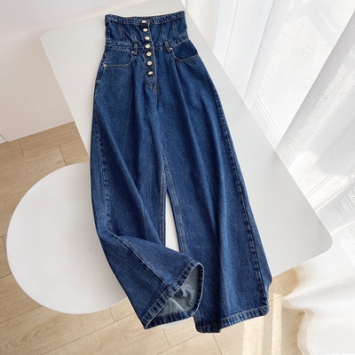 长裤牛仔2025翻边束腰钮扣阔腿裤