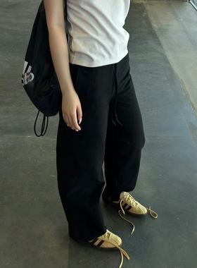 24春季新款显瘦遮肉茧型裤机理棉宽松挺阔抽绳香蕉裤女长裤弯刀裤