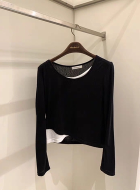 2025春夏新款圆领棉质短款打底上衣黑白拼色假两件T恤女潮牌时尚