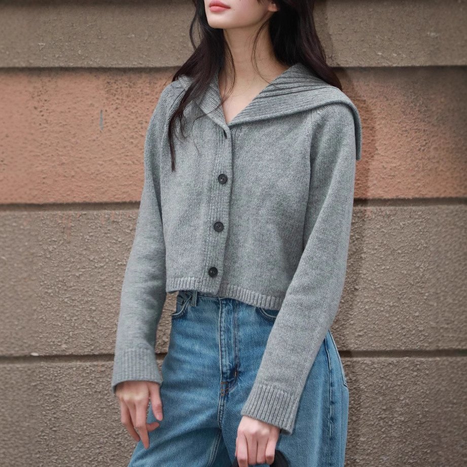 C家水手领羊毛针织开衫灰色外套