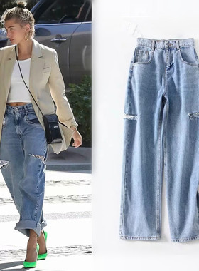 明星同款 MM6欧美2025早春刀割老爹裤破洞阔腿裤高腰显瘦牛仔裤