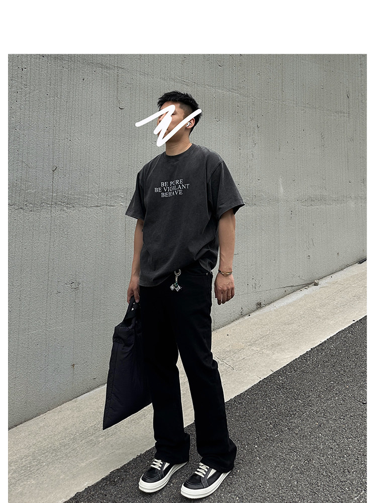 Slogan Tee复古水洗做旧vintage风标语印花舒适百搭短袖男女美式