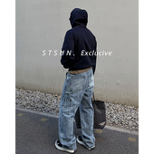 素宽松直筒百搭clean牛仔裤 Jeans雪花蓝竹节伐木元 STS Differ