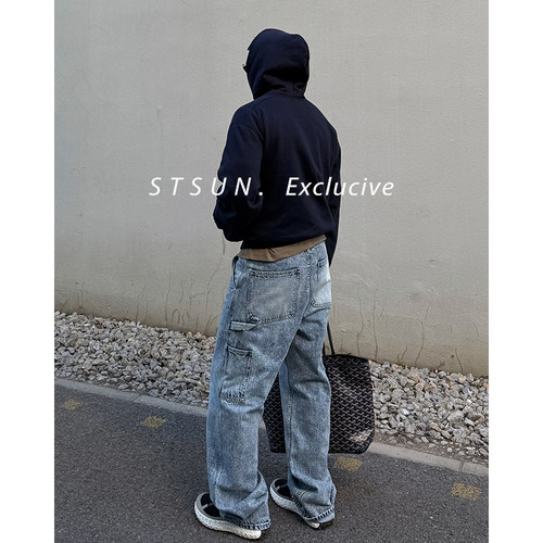 STS水洗蓝竹节伐木牛仔裤