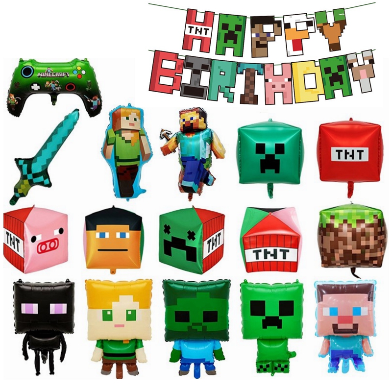 男孩生日Minecraft 我的世界像素游戏主题铝膜气球派对苦力怕气球