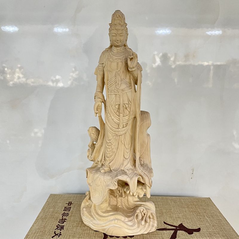 小叶黄杨木雕刻居家实木摆件客厅供奉神像人物荷叶观音菩萨工艺品