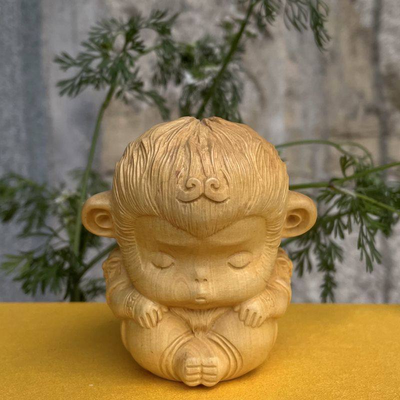 黄杨木崖柏木雕刻手把玩q版嘟嘟猴子创意可爱插香中式摆件工艺品