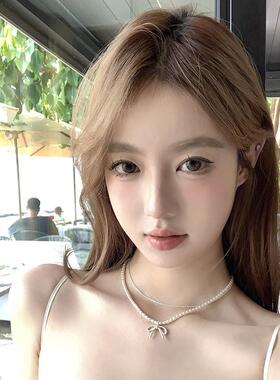 白茶月光蝴蝶结小米珍珠双层项链轻奢小众颈链配饰女