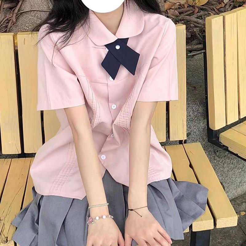 短袖衬衫制服学院风纯色女娃娃领上衣泰式校服褶皱风琴褶宽松夏