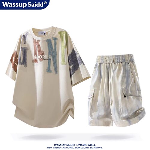 WASSUP SAIDD夏季美式套装涂鸦街头短袖T恤男工装扎染短裤青少年