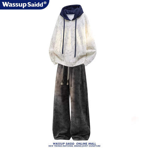 WASSUP SAIDD扎染套装连帽秋冬加绒加厚长袖卫衣美式休闲潮流长裤