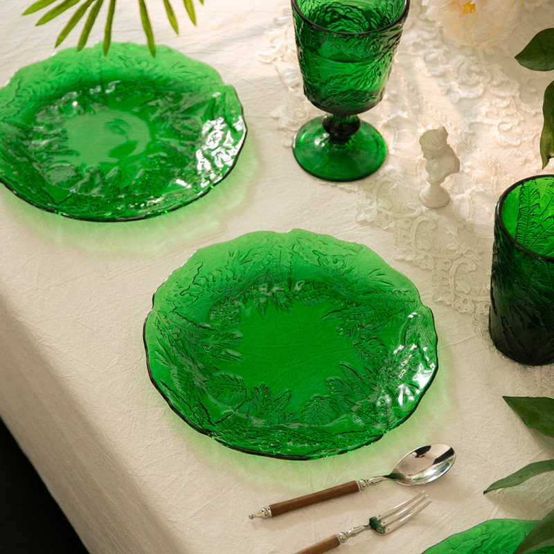 复古 浮雕 东亚风热带雨林玻璃餐盘碟子家用甜品小盘子冷菜盘家用,餐饮具,盘,淘宝优惠券,粉丝福利购,淘宝优惠卷