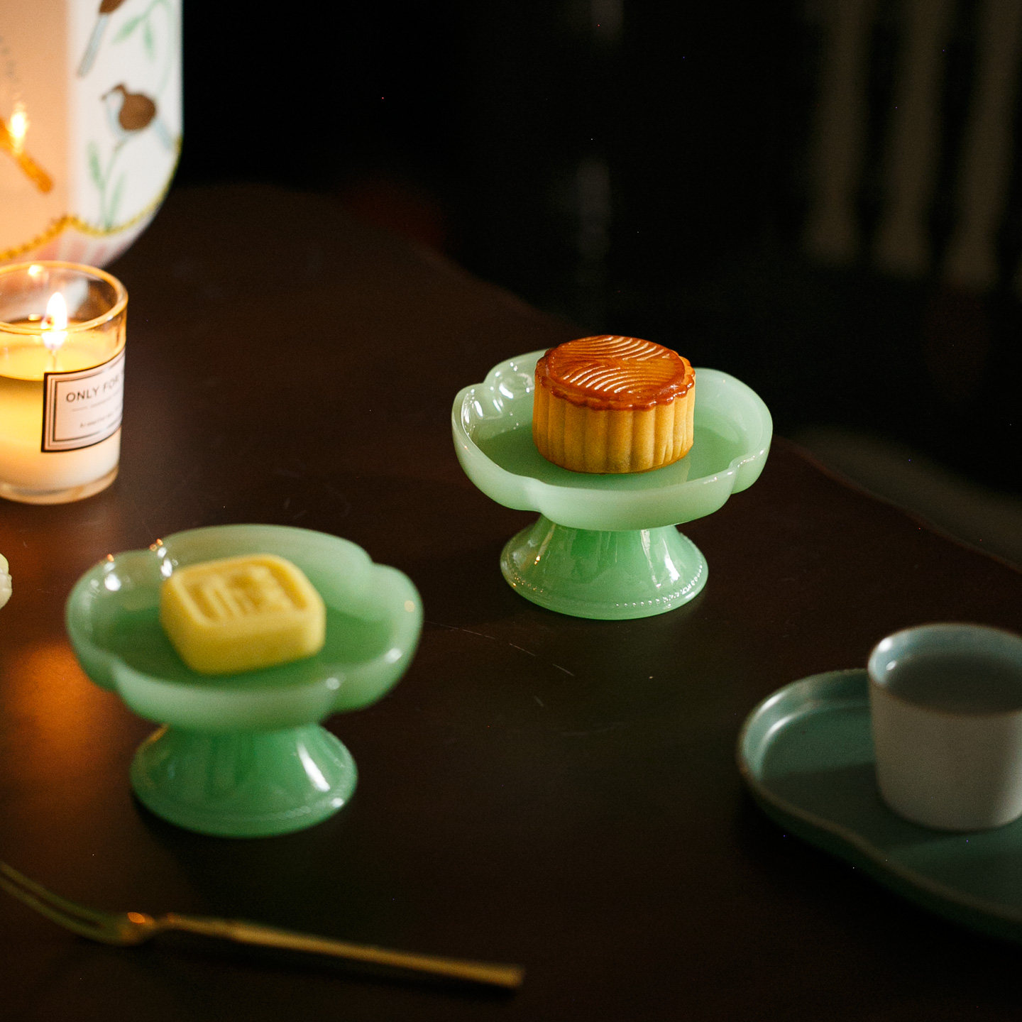 小号月饼甜点高脚盘 仿玉石玻璃中古风 圆形中式国风复古 中秋