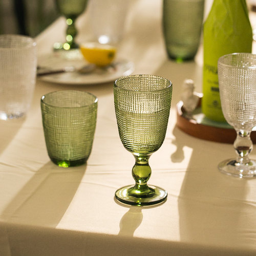 浮雕玻璃布纹高脚杯 红酒杯 复古水杯饮料杯 葡萄酒杯家用餐具