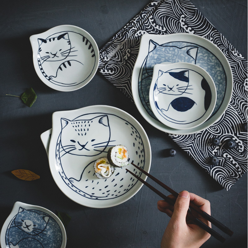 日式小猫陶瓷菜盘子釉下彩餐具