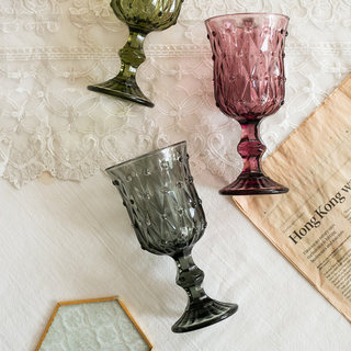 中古风复古浮雕高脚杯 玻璃葡萄酒 杯 红酒杯圆形欧式香槟杯加厚