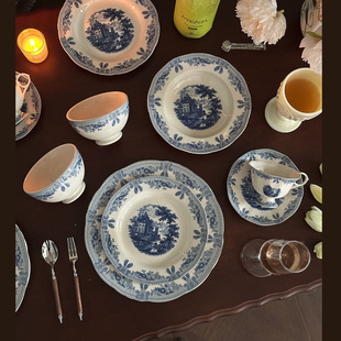 欧洲青花中复古vintage陶瓷釉中彩餐具牛排盘盛菜盘咖啡杯碟饭碗