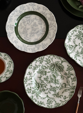 复古法式 热带雨林绿色陶瓷餐具 家用菜盘碟子圆形简约炒菜饭碗