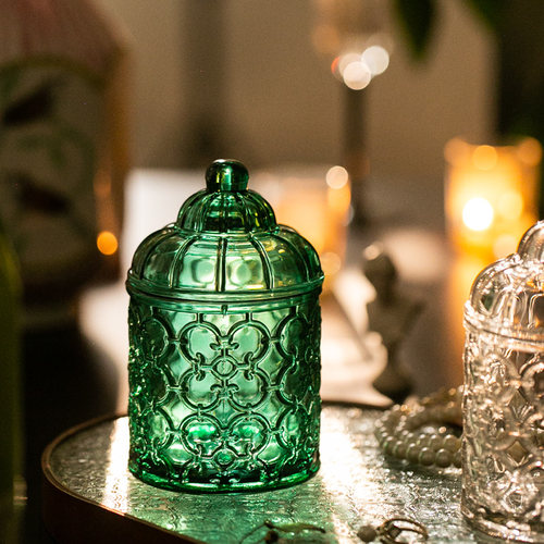 复古祖母绿玻璃收纳罐 棉签首饰收纳 储物罐 透明 中古风装饰