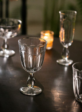 法式复古中古风 珠点透明玻璃杯 高脚杯 香槟杯 水杯饮料杯红酒杯