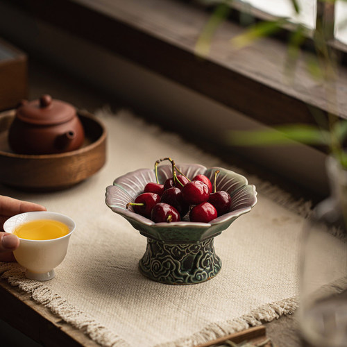 中式复古莲花边高脚陶瓷茶点盘
