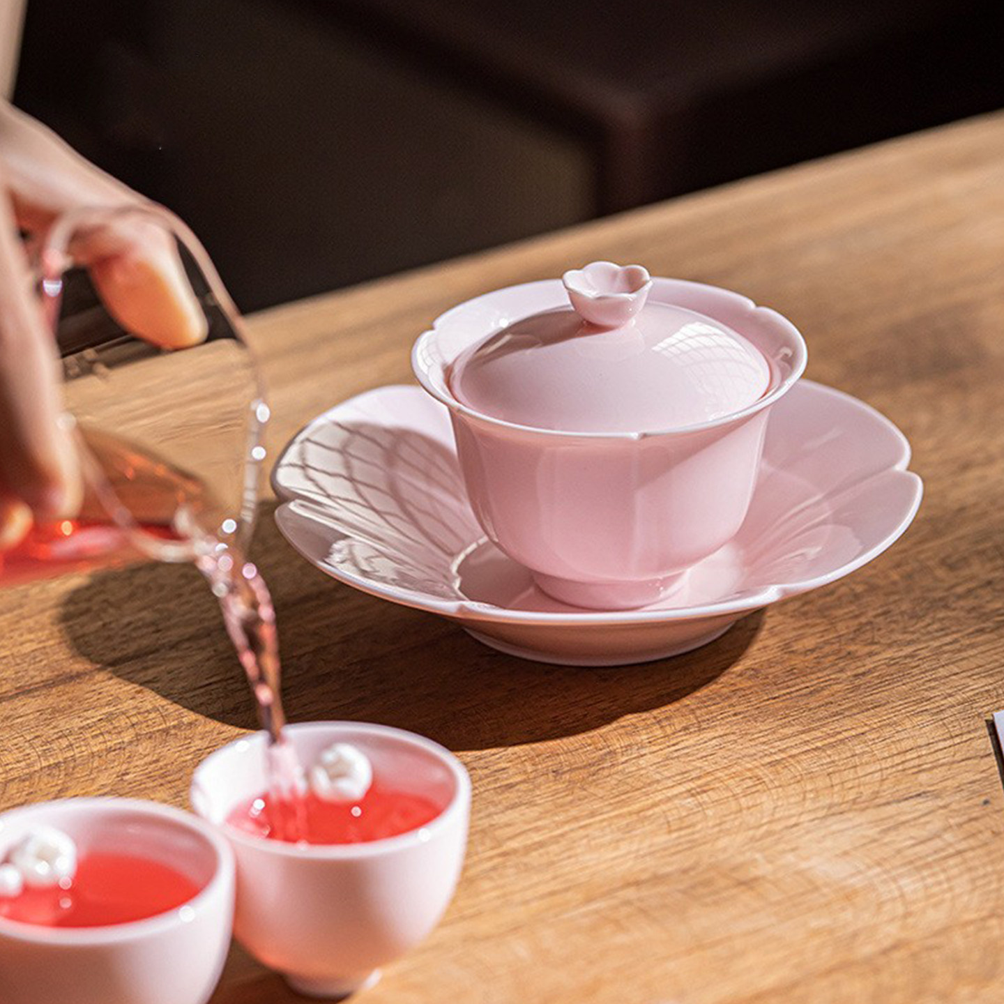 粉色少女心花瓣盖碗茶具套装图片
