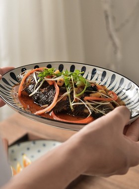 创意蓝色小鱼复古陶瓷餐具椭圆盘蒸鱼盘家用装鱼盘子耐高温可微波