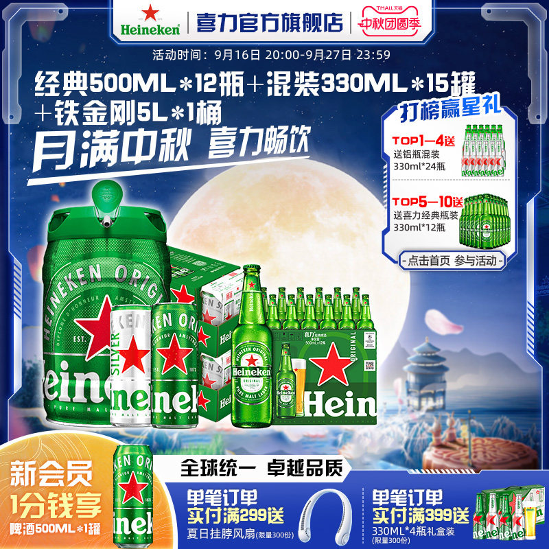 Heineken/喜力经典500ml*12瓶+混装330ml*15罐+铁金刚5L官方正品图片