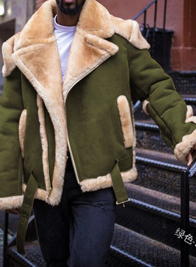 流行绿色品质款男装欧美西装翻领直下摆拉链加厚侧缝插袋夹克上衣