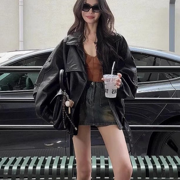 黑色复古PU皮衣女3046