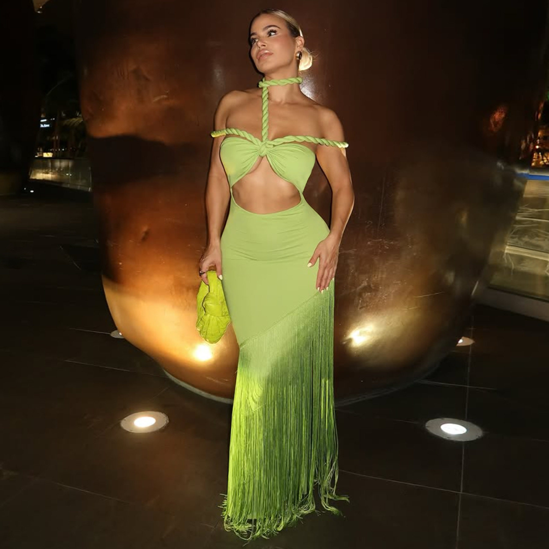 亚马逊货源欧美女装夏季爆款礼服流苏拼接抹胸绷带连衣裙新