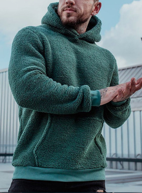欧美热卖男装外套毛绒卫衣插袋连帽卫衣亚马逊时尚爆款纯黑色上衣
