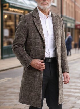 Slim fit lapel plaid overcoat厚款中长修身翻领格子呢大衣男冬