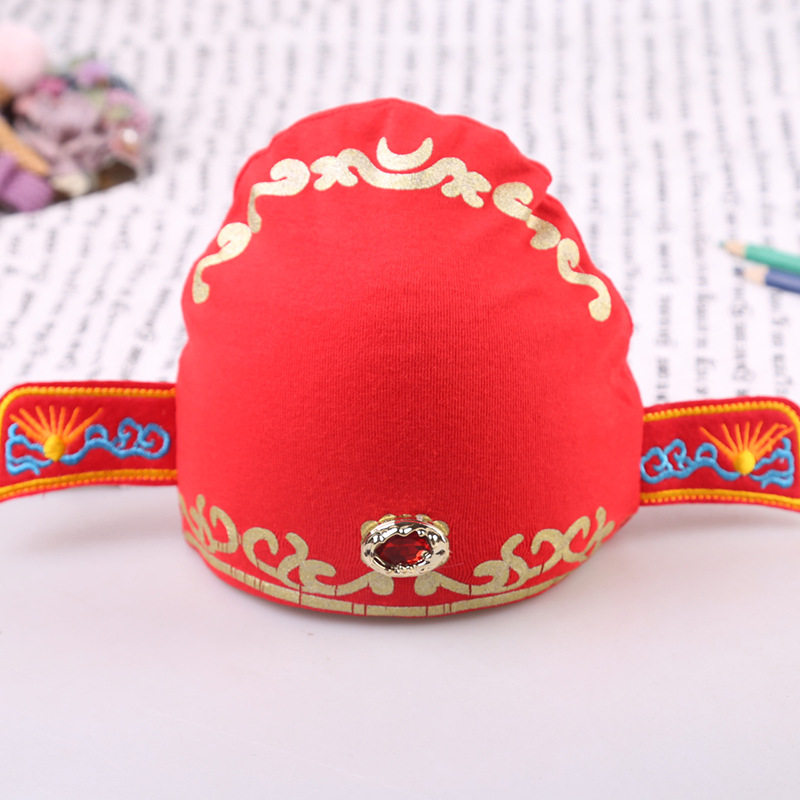 男女宝宝唐装帽状元帽抓周满月百天生日周岁红色帽子古装造型帽