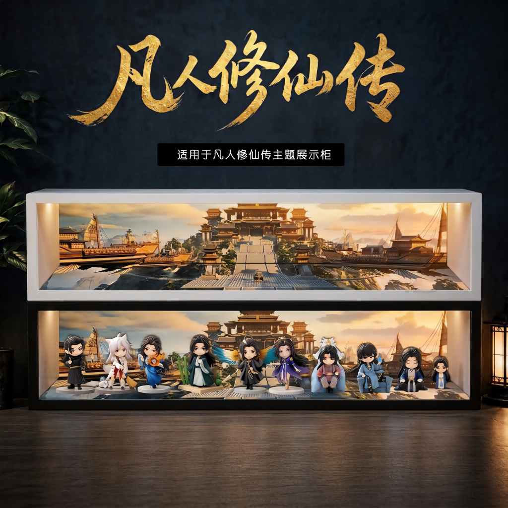 用于泡泡玛特凡人修仙盲盒Q版手办收纳展示柜架场景展示相架带灯2图片