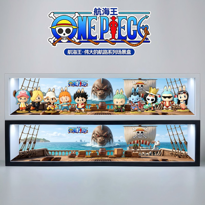 适用于泡泡玛海贼王盲盒手办收纳展示柜伟大航路展示盒架子带背景