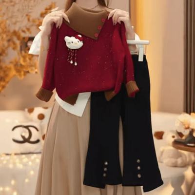 女童毛衣喇叭裤套装2025新款秋冬款加厚红色翻领针织衫上衣微喇裤