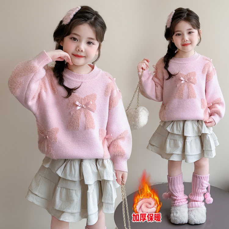 2025新款冬季女童粉色蝴蝶结毛衣加厚保暖可爱公主风上衣