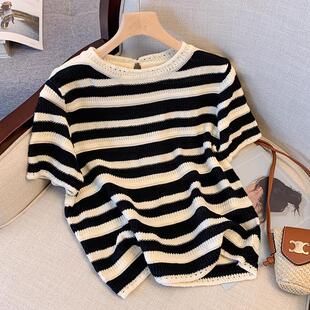 洋气小衫 漂亮手工钩花条纹小香风上衣女 t恤1688夏季 冰丝针织短袖