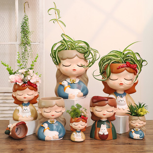 甜宠少女多肉花盆可爱卡通小女孩轻奢高级感美女头像创意精致花盆