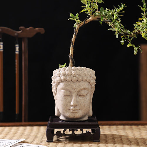 人物造型治愈石头多肉摆件桌面仿禅意佛头盆栽情绪稳定花盆佛系小