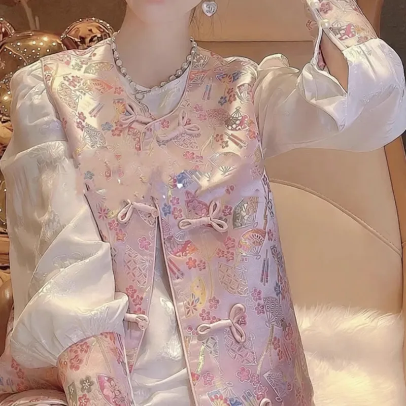 新中式中国风拼接刺绣盘扣衬衫女2025春季新款唐装马甲衬衣两件套