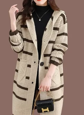 秋冬女装长袖针织衫女宽松毛衣外套韩版连帽中长款外搭洋气上衣女