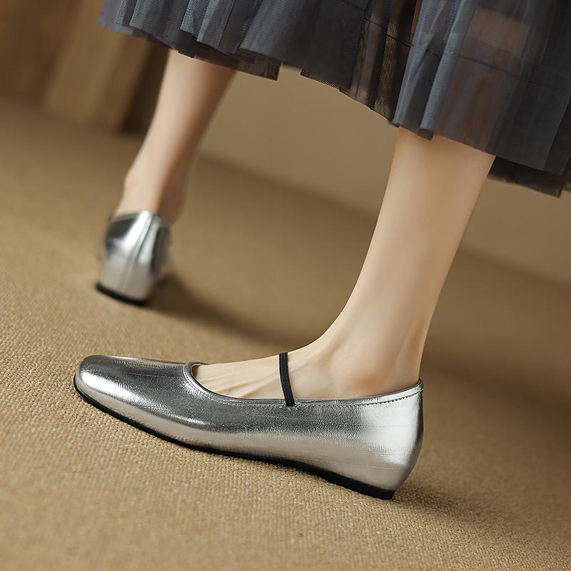 方头内增高软底鞋女真皮坡跟40码浅口单鞋银色中跟玛丽珍鞋小皮鞋