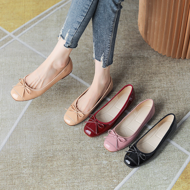 方头真皮蛋卷单鞋蝴蝶结平底豆豆鞋女浅口小码软底鞋黑色工作单鞋