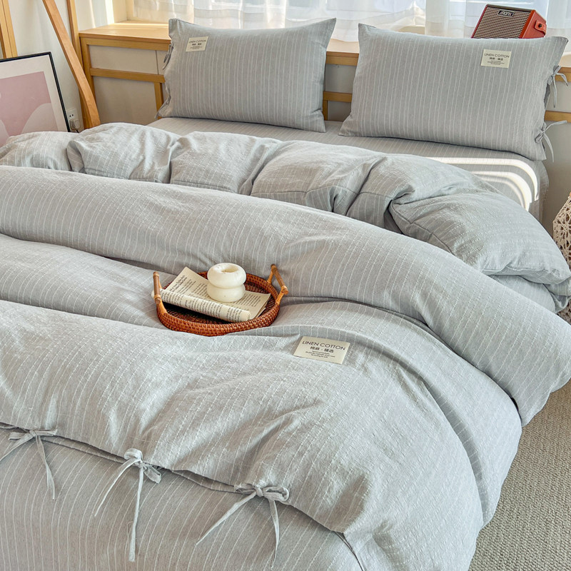 韩版双层色织棉麻四件套蝴蝶结绑带被套学生宿舍床单人三件套笠