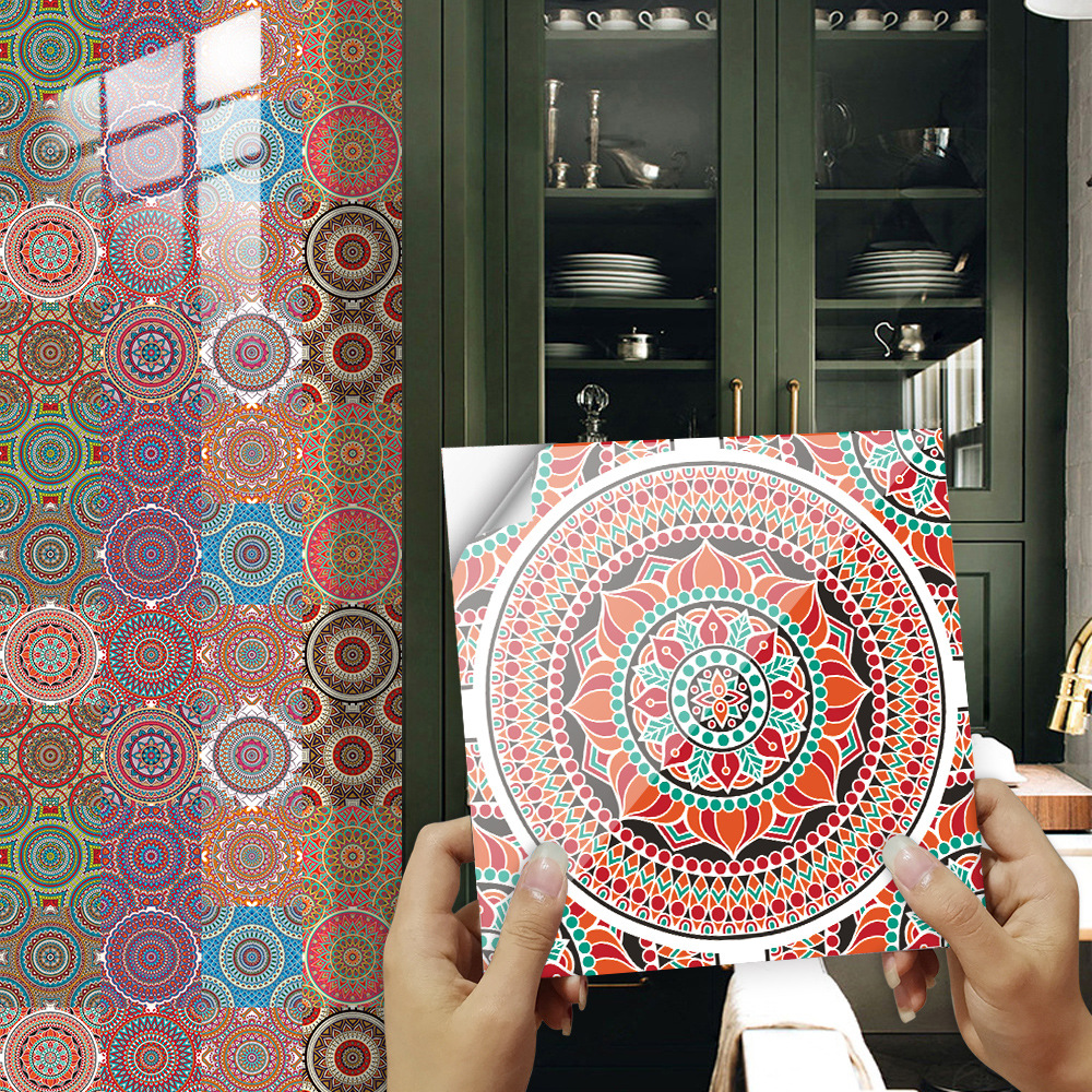 曼陀罗花纹仿瓷砖贴地板楼梯墙面家居浴室遮丑装饰画防油水墙贴纸图片