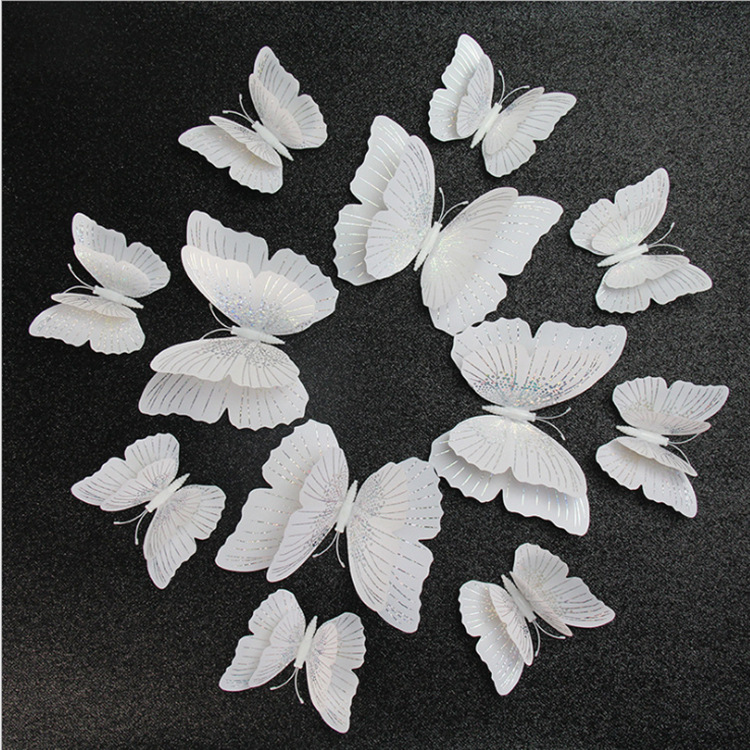 白色蝴蝶3D立体仿真双层流光溢彩蝴蝶装饰贴画婚礼磁吸配胶墙贴纸图片
